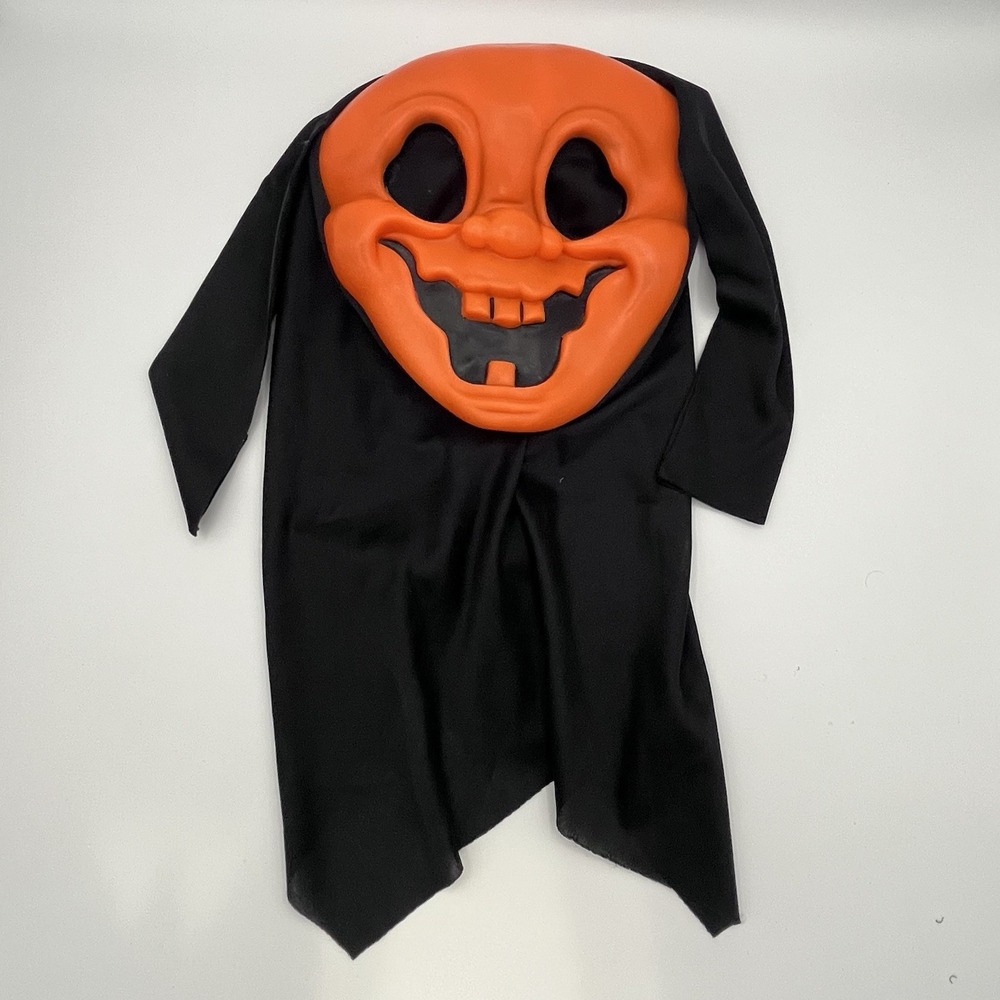 Vintage Fun World Halloween Pumpkin Mask with Black Hood Scary‎ Orange